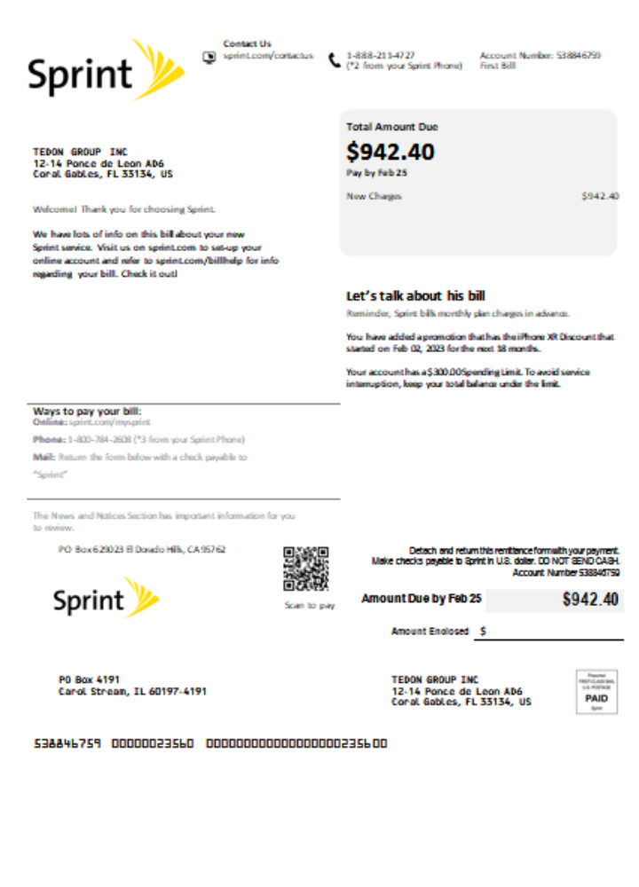 Sprint (T Mobile) utility business bill,  SCR PSD template